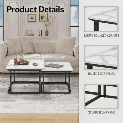 Nesting Coffee Table Set of 2 – Square Small Coffee Tables for Living Room, Bedroom, Balcony, Versatile End Table Set,Space Saving Mid Century Modern Nesting Coffee Tables Stackable, - color: White