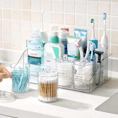Vtopmart 5 PCS Bathroom Countertop Organizer Sets | 1 Divided Tray, 4 Qtip Holder Jars, Clear, For Toothbrush, Cotton Pads, for bathroom countertop - color: Clear