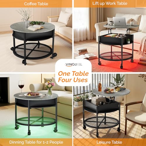 VINGLI 27" Round Lift Top Coffee Table with Wheels & Lights, Black & Grey | Removable Coffee Table with Hidden Compartment Storage & Metal Shelf, Small Farmhouse Coffee Tables for Living Room, Office - color: Black & Grey