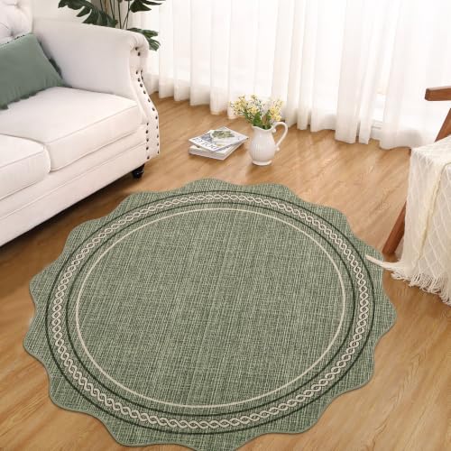 GarveeHome Scalloped Washable Small Round Rug 3ft Non-Slip Soft, Green | Boho Ultra-Thin Circle Low Pile Stain Resistant Carpet for Bedroom Entryway Kitchen Laundry Bathroom - color: Green, size: 3' (Round)