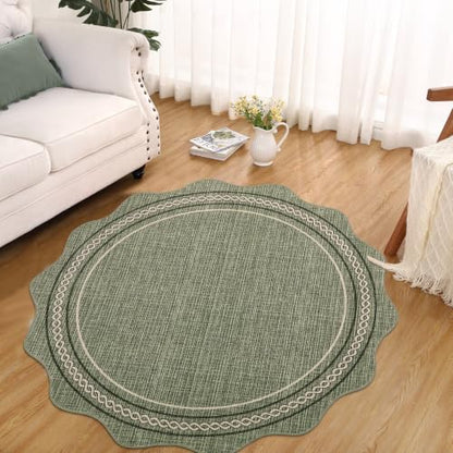GarveeHome Scalloped Washable Small Round Rug 3ft Non-Slip Soft, Green | Boho Ultra-Thin Circle Low Pile Stain Resistant Carpet for Bedroom Entryway Kitchen Laundry Bathroom - color: Green, size: 3' (Round)