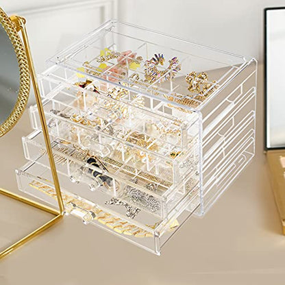 Weiai Clear Acrylic Jewelry Organizer Box 72 Adjustable Grids for Earrings Rings - size: 4 Drawers