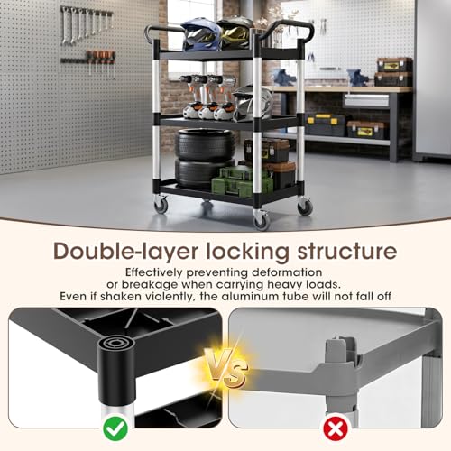 Plastic Utility Carts with Wheels, 3-Tier Rolling Cart with 4 Lockable Wheels, Heavy Duty 600 LBS Capacity Food Service Cart (Does Not Contain Recycled Plastic),16.8" D x 31.5" W x 37.8" H - size: Medium