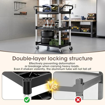 Plastic Utility Carts with Wheels, 3-Tier Rolling Cart with 4 Lockable Wheels, Heavy Duty 600 LBS Capacity Food Service Cart (Does Not Contain Recycled Plastic),16.8" D x 31.5" W x 37.8" H - size: Medium