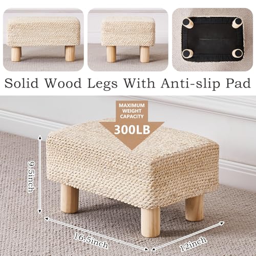 Wimarsbon Natural Seagrass Footstool Ottoman Rectangular Footrest Pouf Ottomans with Wooden Legs Hand Weave Step Stool for Living Room Bedroom Entryway Natural White - color: Natural White, size: 12"D x 16.5"W x 9.5"H