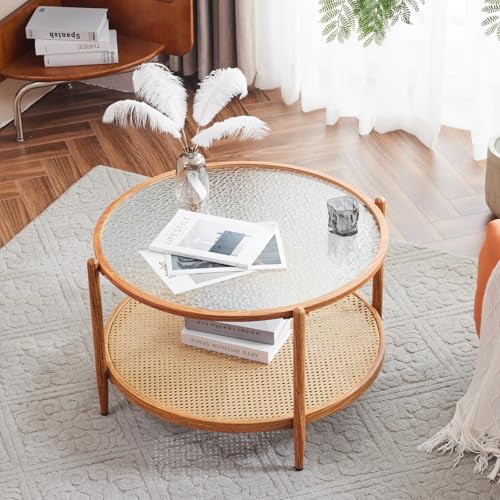 VINGLI 30" Rattan Coffee Table, Round Water-Wave Glass Metal Center Table, Modern Coffee Table with 2-Tier Storage, Farmhouse Circular Coffee Tables for Living Room and Small Space, Natural Vibe | Water-Wave Glass Metal Center Table, Boho Coffee Table wit