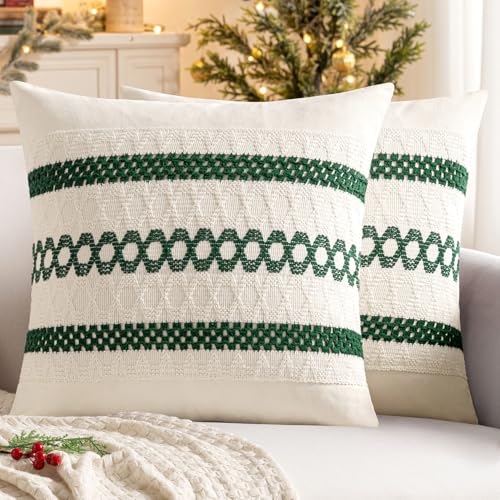 MIULEE Set of 2 Dark Green Boho Christmas Decorative Pillow Covers 18x18 Inch - color: Dark Green, size: 18" x 18" (Pack of 2)