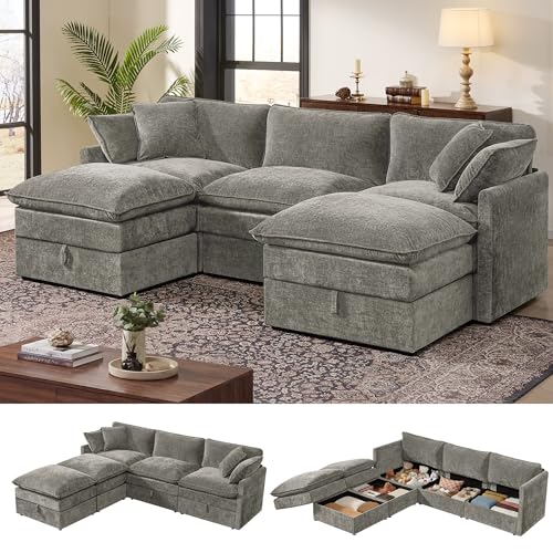 Ihanherry 103” Modular Sectional Sofa with Storage, U Shaped Cloud Couch with Movable Ottomans & 4 Pillows, Chenille Deep Seat Sectional Couches for Living Room, Apartment (Grey) - color: Grey, size: 103" U Shape