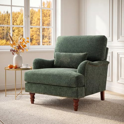 Mid-Century Modern Accent Chair with Lumbar Pillow, Green, 2 Pack | Upholstered Chenille Armchair, Solid Wood Frame & Legs, Comfy Reading Lounge Sofa for Living Room Bedroom, & Small Spaces - color: Chenille Green, size: 2 Seat