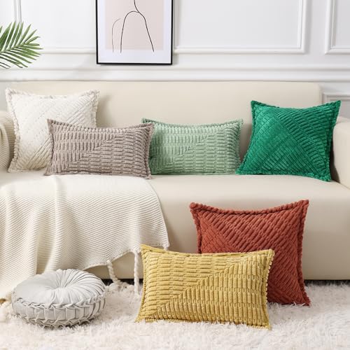 decorUhome Decorative Cream White Throw Pillow Covers 18x18 Set of 2 with Splicing, Boho Soft Corduroy Broadside Twill Spring Pillow Covers for Couch Bed Sofa Living Room | Boho Decorative Soft Broadside Twill Accent Modern Farmhouse Neutral Pillow Covers