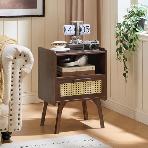 Lerliuo Rattan Nightstands Set of 2, Bedside Table with Drawer Open Shelf | Cane Accent Side End Table with Solid Wood Legs, Walnut Vintage Night Stand for Bedroom, Dorm and Small Spaces - color: Walnut, size: 2 pack
