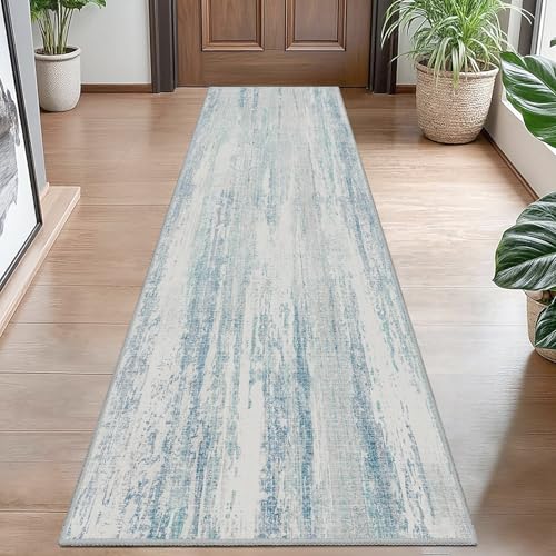 Washable Runner Rug 2x8 Area Rugs Low Pile Non Slip Modern Abstract | Long Throw Carpet Runner for Hallways Kitchen Bedroom Entryway Bathroom Bedside Laundry Floor Accent Neutral Blue - color: Blue, size: 2' x 8' (Rectangular)
