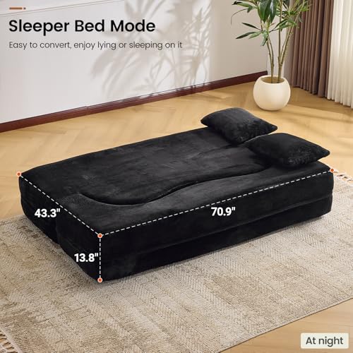 78” Convertible Sofa Bed, Single Size Sleeper Couch, Black | Boneless Folding Loveseat, Deep Seat, Soft Chenille, 4 Pillows, No Assembly, for Guest Living Room Bedroom - color: Black, size: 71"