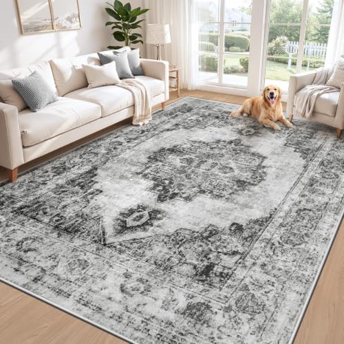 Area Rug 6x9 Vintage Rugs: Washable Indoor Medallion Rug Low Pile Distressed Floor Carpet Retro Accent Rugs for Living Room Bedroom Kitchen Dining Table Home Office(Black, 6'x9') - color: Black, size: 6' x 9' (Rectangular)