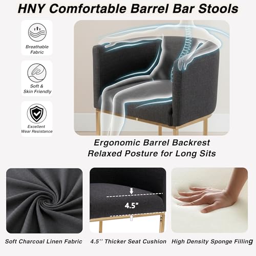 HNY Modern Barrel Counter Height Bar Stools Set of 2, 29 Inch Charcoal Linen Kitchen Barstools with Back for Island, with Gold Metal Tubular Frame - color: 29inch Charcoal,gold Base