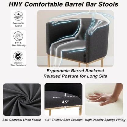 HNY Modern Barrel Counter Height Bar Stools Set of 2, 29 Inch Charcoal Linen Kitchen Barstools with Back for Island, with Gold Metal Tubular Frame - color: 29inch Charcoal,gold Base