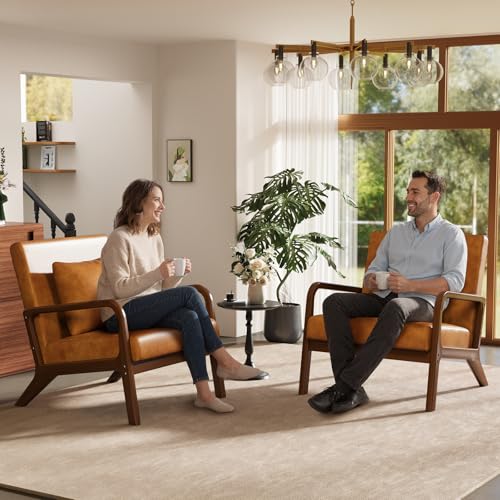 Mid-Century Modern Chair,Upholstered Accent Chair Reading Arm Chair with Cushion & Lumbar Pillow & Solid Wood Frame for Lounge, Living Room, Bedroom, Office, Brown-PU Leather, 2PCS - color: New Arrival - Brown, Pu Leather, size: Set of 2