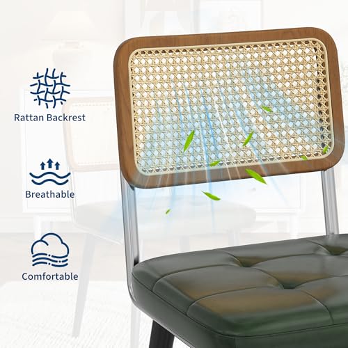 Garvee Rattan Dining Chairs Set of 4, Upholstered Dining Room Chairs with Rattan Backrest, Armless Side Chairs for Kitchen Living Room, Restaurant, PU Leather, Dark Green | Upholstered Kitchen Chairs with Rattan Backrest, Armless Side Chairs for Kitchen,