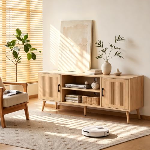 Modern TV Stand for 65 Inch TV, Oak Entertainment Center with Storage | Modern Fluted Boho Design, Adjustable Shelf, 4 Cable Management Holes, Stable Support TV Console for Living Room & Bedroom