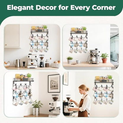 EsLuker.ly Coffee Mug Holder Cup Hanger Wall Mounted Display Rack | Metal Organizer with 12 Movable Plastic Hooks, Wood Rustic Shelf for Coffee Bar Home Kitchen, Thoughtful Wall Storage, White - style: 12 Movable Hooks White Style