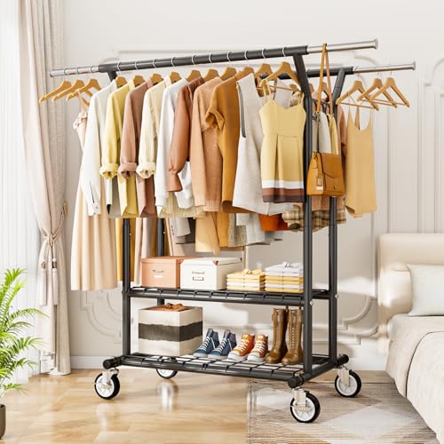 HYSEYY Heavy Duty Clothes Rack, Rolling Clothing Rack With Shelves Load 620 LBS, Double Rod Clothing Racks for Hanging Clothes, Portable& Adjustable Clothes Rack with Wheels,Black - color: Black