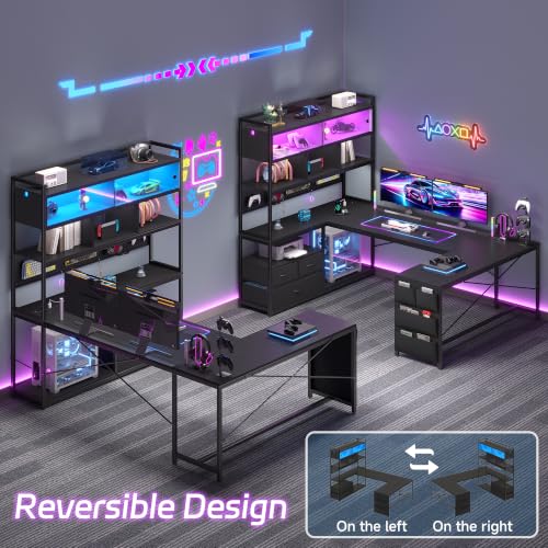 busyeah U-Shaped Gaming Desk with Storage Shelves & 3 Drawers, Black | Reversible Computer Desk with LED Lights & Charging Station, Gaming Desk with Hutch and Pegboard for Home Office, Gamers - color: Black