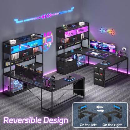 busyeah U-Shaped Gaming Desk with Storage Shelves & 3 Drawers, Black | Reversible Computer Desk with LED Lights & Charging Station, Gaming Desk with Hutch and Pegboard for Home Office, Gamers - color: Black