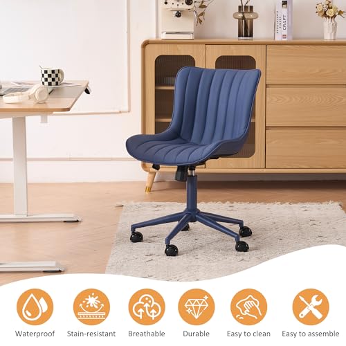 YOUNIKE Office Desk Chair with Wheels Armless Vanity Chair Modern Navy Blue | Faux Leather Upholstered with Rocking Back, Swivel Height Adjustable, Small Cute Computer Rolling Task Chair Ergonomic - color: All Navy Blue, size: Base Same Color