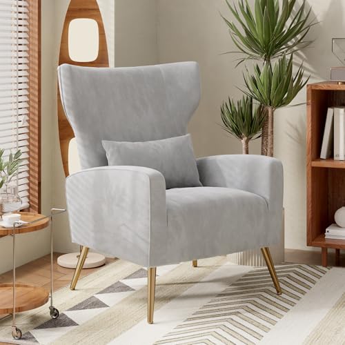 Nebuaegis Light Gray Velvet Accent Chair Set of 4, Wingback Chair for Living Room, High Back Arm Chair with Golden Legs Lumbar Pillow, Upholstered Single Sofa Bedroom - color: Light Gray, size: Set of 4