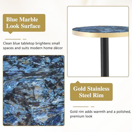 TesNus 23.6" Small Round Dining Table for 2, Circle Tulip Table, Faux Marble Top with Black Metal Pedestal Base, Modern Leisure Coffee Table for Small Spaces, Cafe, Office, Blue&Black - color: Blue Top&black Base