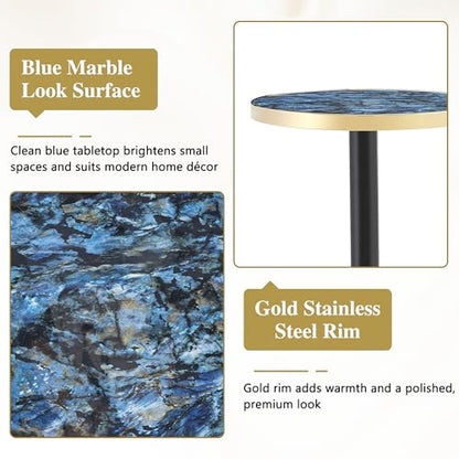 TesNus 23.6" Small Round Dining Table for 2, Circle Tulip Table, Faux Marble Top with Black Metal Pedestal Base, Modern Leisure Coffee Table for Small Spaces, Cafe, Office, Blue&Black - color: Blue Top&black Base