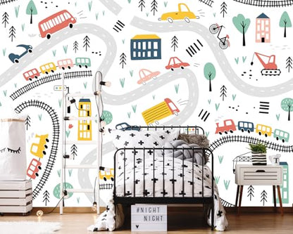 Kids Cartoon Wallpaper Car Roadmap Wall Mural | 151"x96", for Bedroom Living Room Bathroom, Textured Fabric, Not Peel and Stick - color: Mural 06, size: 151" x 96"