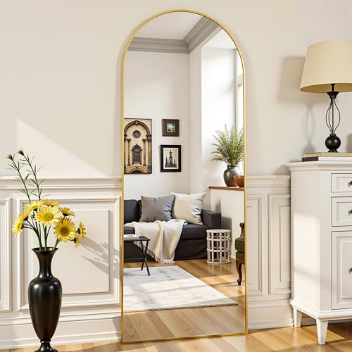 Arched Full Length Mirror 58 x 18 Inch, Full Body Mirror with Stand, Standing Hanging or Leaning Against Wall, Metal Frame Floor Mirror for Bedroom, Living Room, Cloakroom,Gold - color: Gold, size: 58"L x 18"W