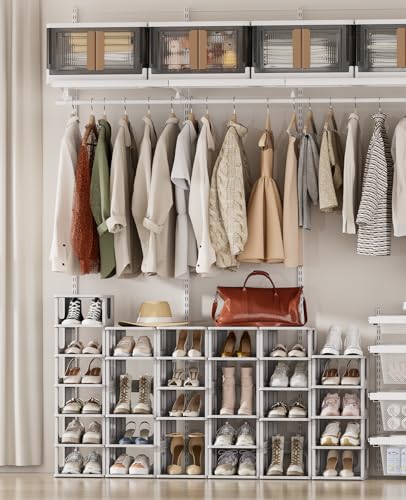 HAIXIN 10 Tier Narrow Shoe Rack, Compact Closet Shoe Shelves | Compact Size Space Saving, No-Tool Assembly, Removable Panels to Adjust Shelf, Stackable Expandable, Modular Design, Entryway - color: Grey, size: 10 Tier
