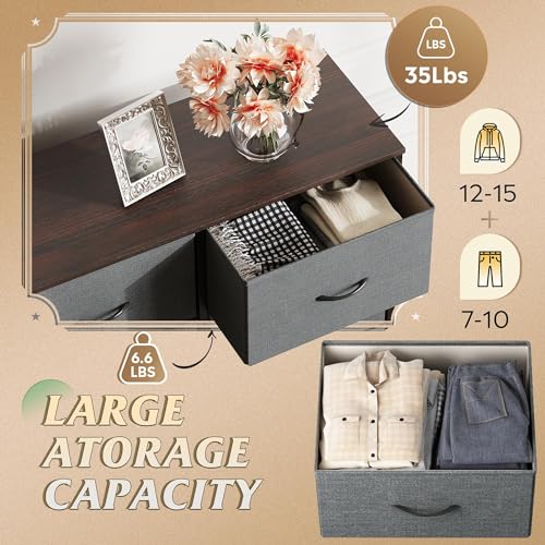 WLIVE Fabric Dresser for Bedroom, Tall Dresser with 8 Drawers, Storage Tower with Fabric Bins, Double Dressers, Chest of Drawers for Closet, Living Room, Hallway, Dark Gray | 8-drawer tall storage tower with fabric bins and wood tabletop, breathable non-w