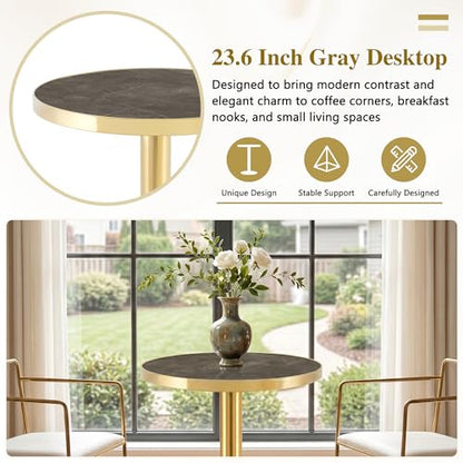 TesNus 23.6" Small Round Dining Table for 2, Circle Tulip Table, Faux Marble Top with Gold Metal Pedestal Base, Modern Leisure Coffee Table for Small Spaces, Cafe, Office, Gray&Gold - color: Gray Top&gold Base