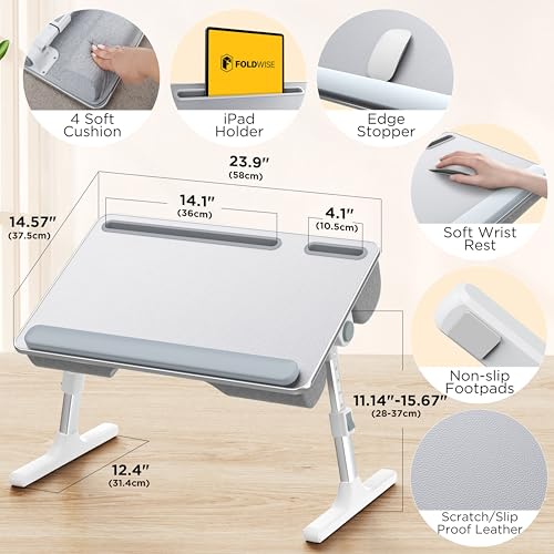 2-in-1 Bed & Lap Desk with Soft Cushion, Adjustable Height & Angle | Wrist Rest, Leather, iPad Holder & Stopper - Foldable Laptop Stand for Bed & Couch, Portable Bed Table Tray for Adults & Kids - color: Gray