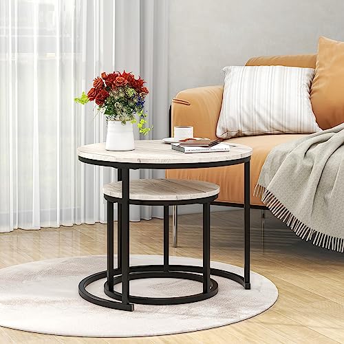 HOJINLINERO Round Coffee Table,Nesting Coffee Table Set of 2,Center Tables for Living Room,Office, Home Small Space,Stacking Side Tables,Sturdy and Easy Assembly,Wood Desktop,Black+White Oak,Small - color: Oak, size: Small