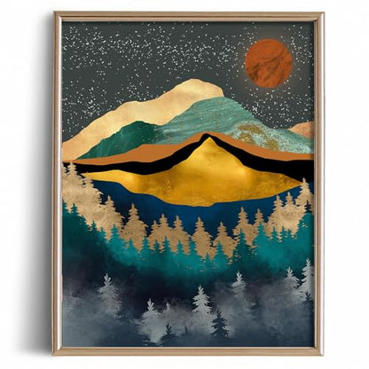YUMKNOW Boho Mountain Wall Decor - Unframed 16x20, Bedroom Pictures, Abstract Office Gifts, Posters for Room Aesthetic, Teal Bathroom Decorations, Mid Century Modern Nature Wall Art for Living Room, - size: 16"L x 20"W