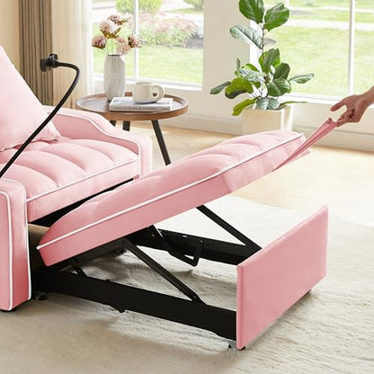 Eafurn Velvet Convertible Sleeper Chair Bed with USB Port & Phone Holder, 3-in-1 Pull Out Sofa Bed Chair, Multi-Functional Chair Bed with Adjustable Backrest & Side Pockets - color: Pink 33.85"