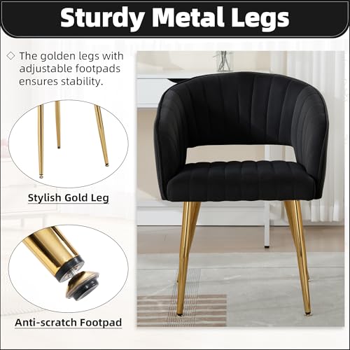 Velvet Home Office Desk Vanity Chair, No Wheels, Gold Legs, Black | Modern Accent Chair with Stylish Stripe Design, Spacious‌ Soft Seat for Girls & Women Bedroom Makeup or Nail Table - color: Black Velvet, No Wheels