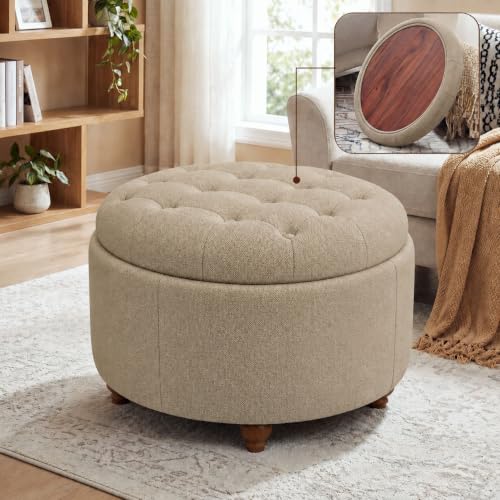 25" Round Ottoman with Storage, Small Coffee Table with Reversible Tray Lid | Tufted Fabric Round Storage Ottoman with Solid Wood Legs, 3-in-1 Footrest for Living Room, Bedroom, Entryway, Coffee - color: Coffee