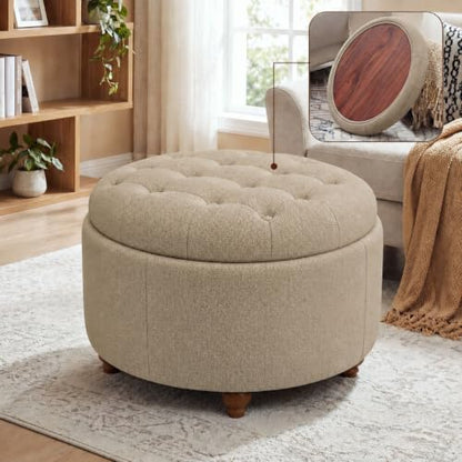 25" Round Ottoman with Storage, Small Coffee Table with Reversible Tray Lid | Tufted Fabric Round Storage Ottoman with Solid Wood Legs, 3-in-1 Footrest for Living Room, Bedroom, Entryway, Coffee - color: Coffee
