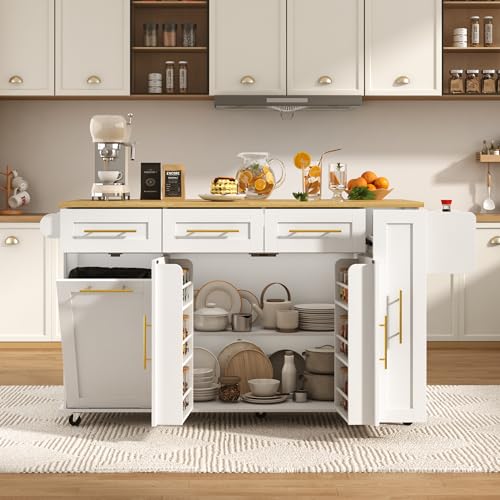 St.Mandyu 69" Large Kitchen Island on Wheels, Kitchen Rolling Island Cart with Trash Storage Cabinet, Power Outlet, 3-Tier Pull-Out Storage Trays, Drop Leaf, Mobile Island Table for Kitchen, White - color: White