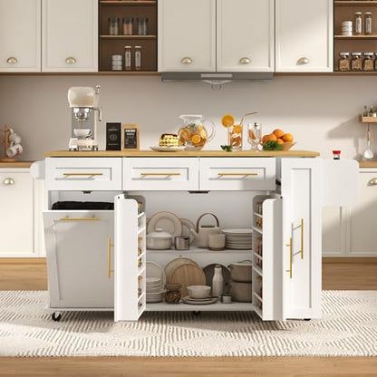 St.Mandyu 69" Large Kitchen Island on Wheels, Kitchen Rolling Island Cart with Trash Storage Cabinet, Power Outlet, 3-Tier Pull-Out Storage Trays, Drop Leaf, Mobile Island Table for Kitchen, White - color: White