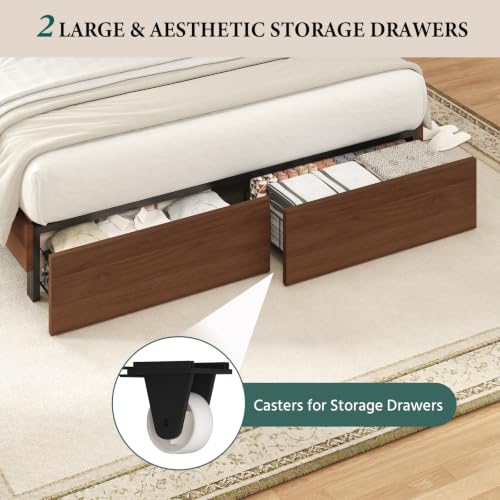 Full Size Bed Frame with Storage Headboard & 2 Drawers, Mid-Century Modern Platform Bed with Charging Station & Shelf, Wooden Slat Support, No Box Spring Needed(Full) - size: Full