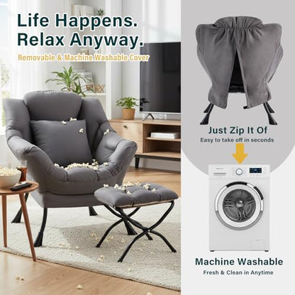 Lazy Chair with Ottoman, Comfy Reading Chair for Bedroom，Grey | Comfy Bedroom Accent Chair with Washable Removable Cover and extra throw pillow for Living Room Dorm - color: Peach Dark Grey-1