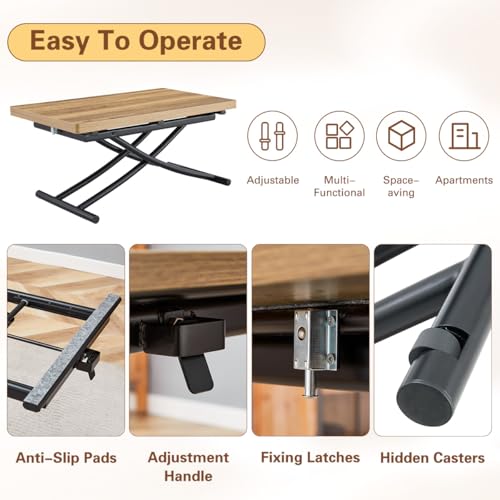 4 in 1 Adjustable Folding Dining Table, Drop Leaf Coffee Table for Small Spaces, Converts to Dining Table, Scratch-Resistant Wood Grain Top with Metal Frame for Breakfast Nook kitchen living Room - color: Wood-black