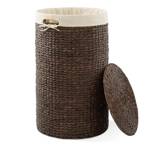 Casafield Round Laundry Hamper with Lid and Removable Liner Bag - Espresso Dark Brown, Woven Water Hyacinth Wicker Laundry Basket for Clothes, Towels