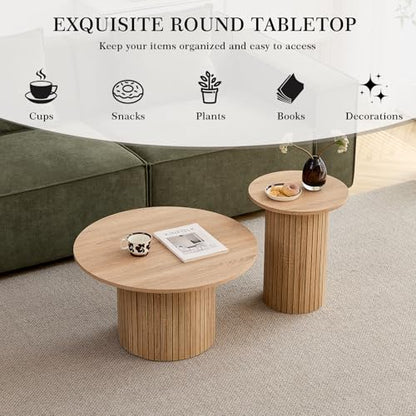 Round Nesting Coffee Table Set of 2 Mid Century Modern Wood Round Coffee Tables with Flexible Small Boho Circle Side Table for Space Saving Living Room Comedor Home Office Bedroom(Natural) - color: 2pcs Natural